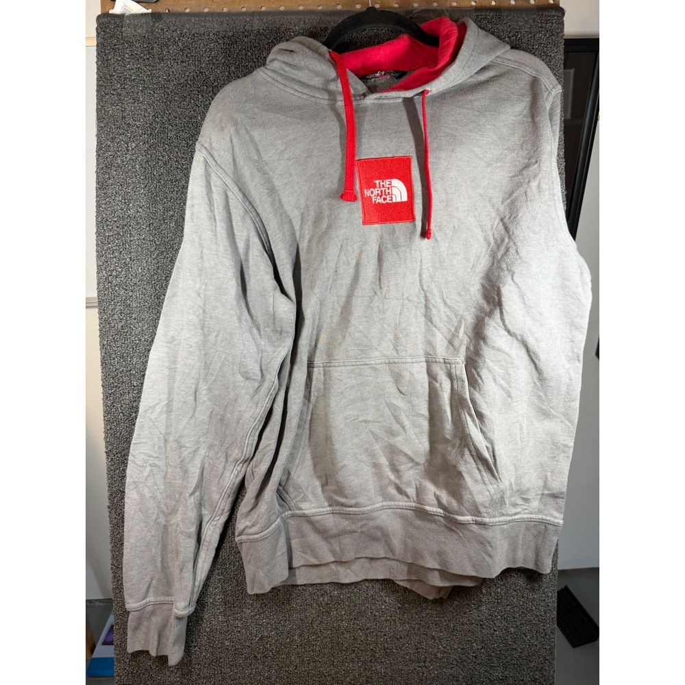 The North Face Hoodie Mens Medium Gray Red Box Logo Pullover Regular Fit